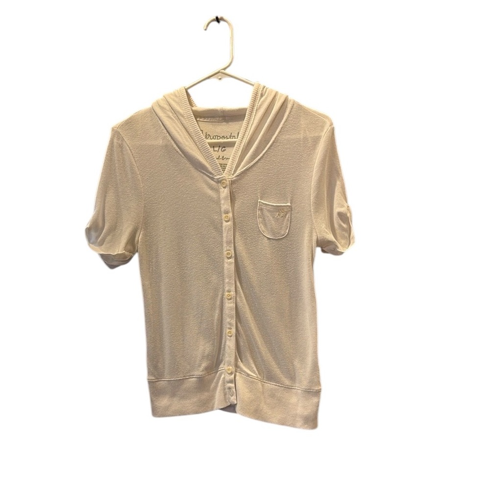 Aeropostale White Button-Up Short Sleeve Hooded Blouse